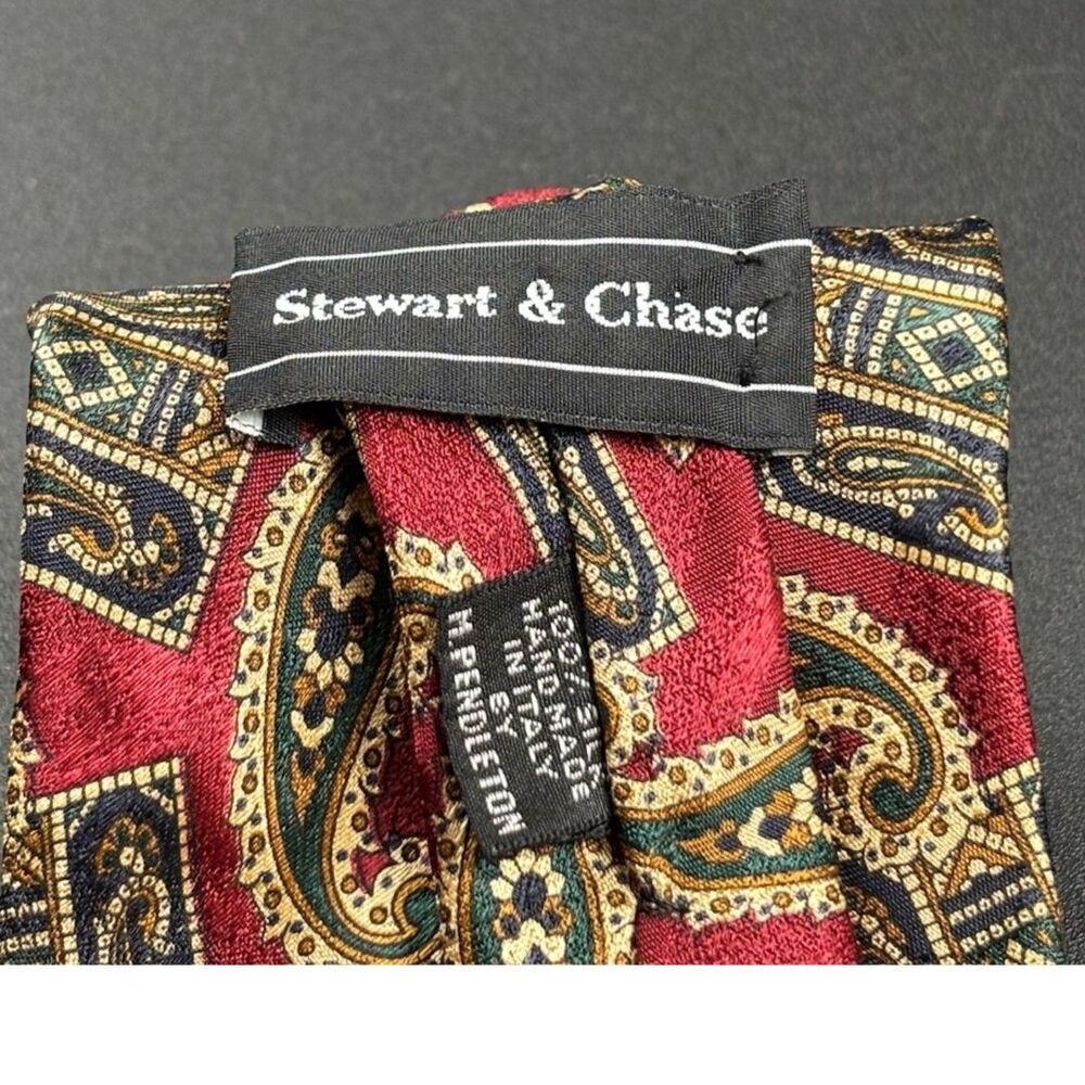 Stewart & Chase Vintage Silk Necktie Burgundy Red Paisley & Medallion Hand Sewn - Picture 4 of 6